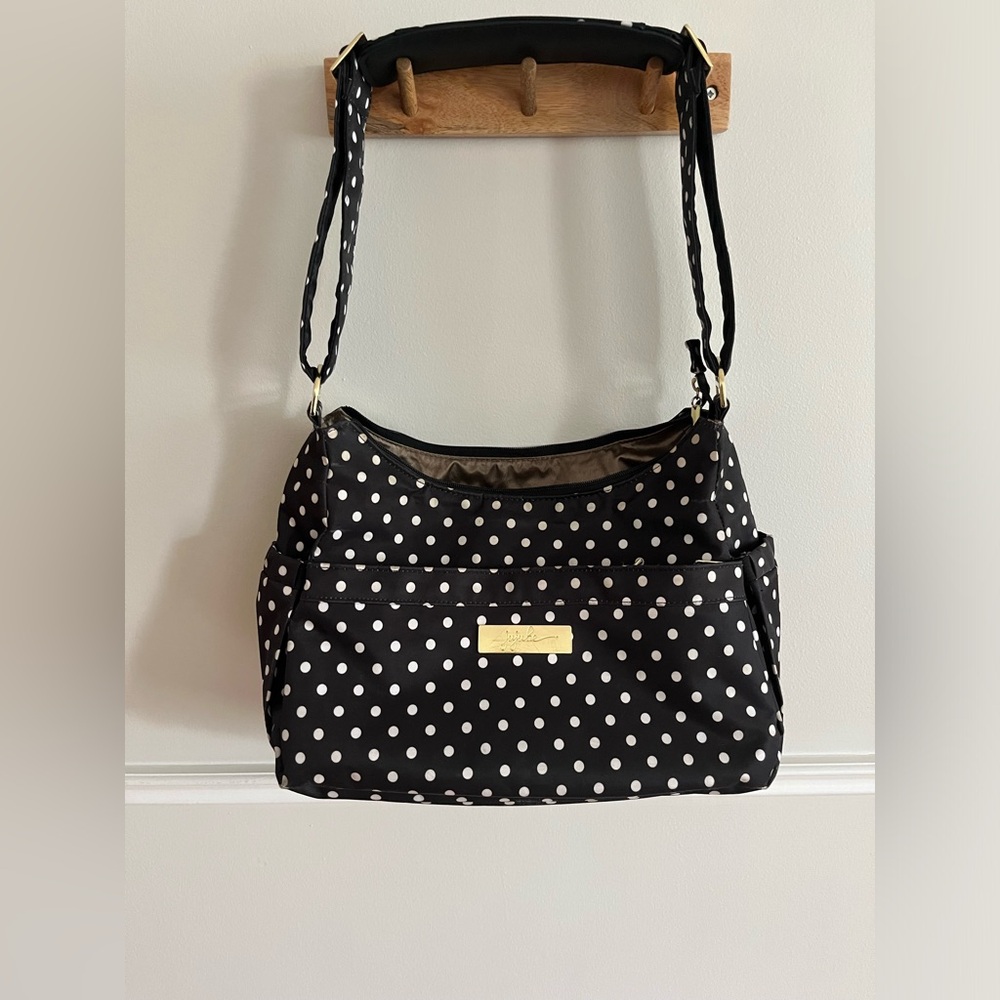 JU-JU-BE hobo diaper bag in duchess, black and white with gold hardware